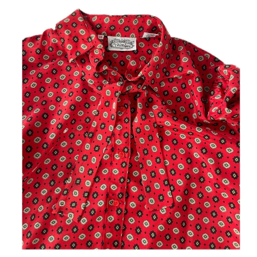 Vintage 70s Red Geometric Bow Tie Neck Blouse Button Down Sz 14 Luxury Boho